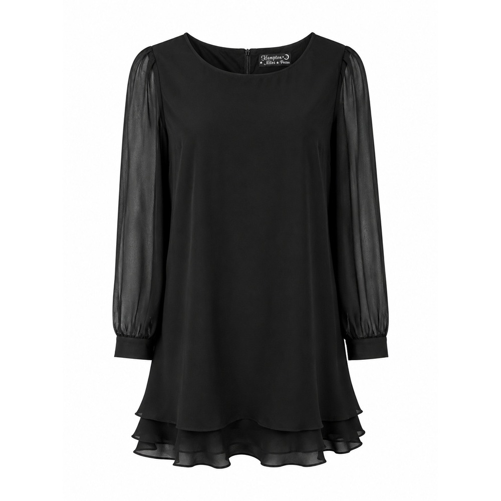 Hampton Nites Womens 10 Petite Cocktail Dress Black Sheer Sleeve Tiered LBD Goth